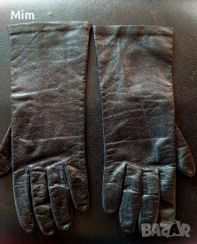 Черни кожени, дамски ръкавици с пет пръста 