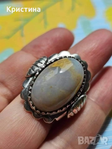 Старинен сребърен пръстен с Ахат, снимка 2 - Пръстени - 51962580