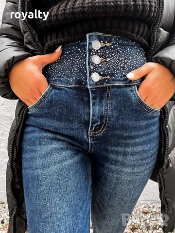 Сини дънки с камъни висока талия, снимка 2 - Дънки - 51946474