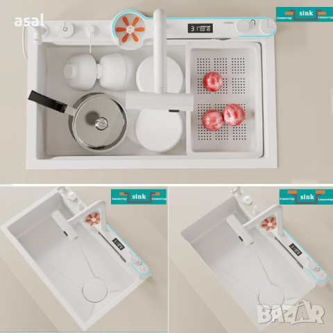 Луксозна бяла мултифункционална кухненска мивка с двоен водопад, снимка 5 - Мивки - 44729287