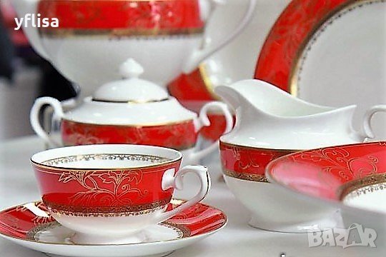 Червен сервиз от костен порцелан за чай и кафе - лукс