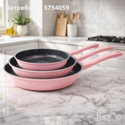 Комплект тигани Cheffinger розово с мраморно покритие – 3 части за всяка кухня - розов цвят, снимка 3 - Съдове за готвене - 53124753