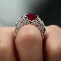 Масивен посребрен пръстен с червен сапфир сърце, снимка 5 - Пръстени - 31616294