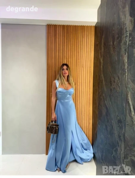 Синя Дамска рокля от сатен, снимка 1