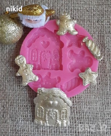Коледна къща къщичка бонбон джинджифилово човече звезда силиконов молд форма фондан декор, снимка 1