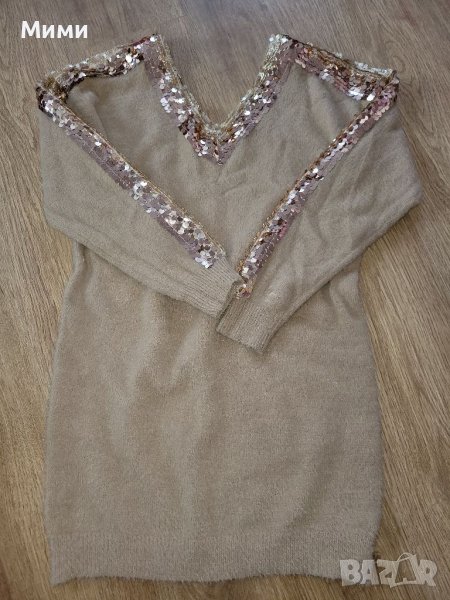 Бежов ефектен пуловер туника, снимка 1
