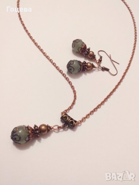 🧡Разкошен Викториански Нефритен комплект колие и обеци с изящни медни орнаменти🧡, снимка 1