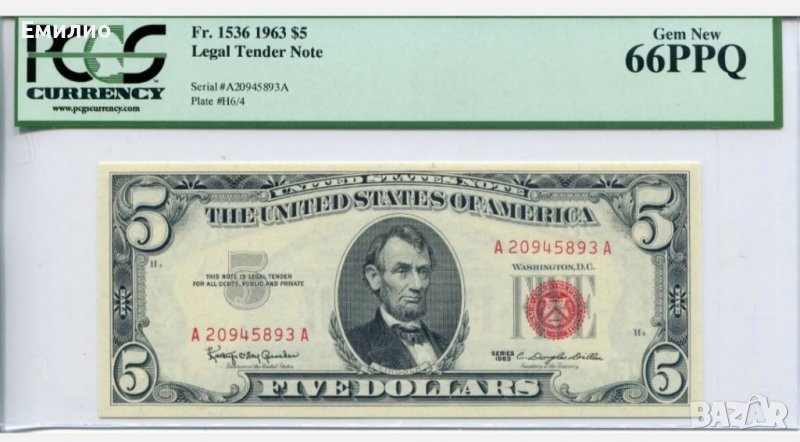 USA 🇺🇸  $ 5 DOLLARS 1963 PCGS 66PPQ, снимка 1