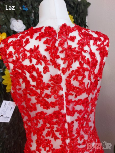 луксозна бална официална червена рокля с дантела русалка, снимка 1