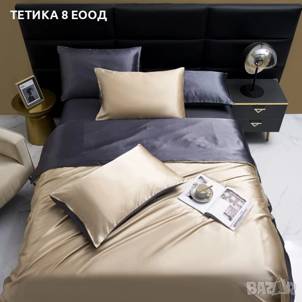 Спален комплект сатен, Златисто бежово-Тъмносив, 1 калъфка 65х65, снимка 1
