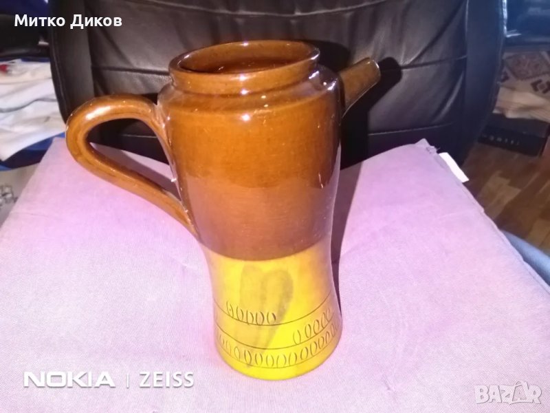 Кафява керамич.кана кафяво жълта с чучур от соца на Троян произд.Н-205мм и фи долу 78мм и горе 95мм, снимка 1
