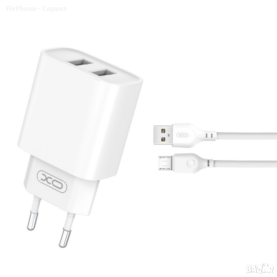 Зарядно устройство комплект XO CE02C 2x USB 2,1A + Micro USB кабел, Бяло , снимка 1