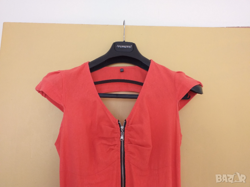 Ленена рокля в цвят корал, снимка 1