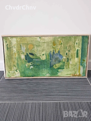 70х40см/абстрактна стара картина масло върху платно/ексресионизъм/зелена вода/дървена рамка, снимка 2 - Картини - 51432205