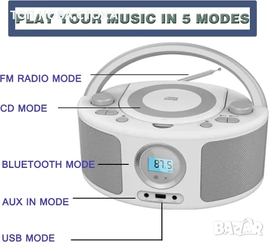 Преносим CD плейър WISCENT с Bluetooth Boombox, FM радио, стерео звук, USB, 3.5 мм AUX , снимка 2 - Аудиосистеми - 56201606