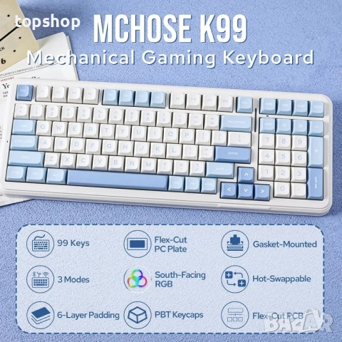 Чисто нова MCHOSE K99 96% безжична геймърска клавиатура, механична клавиатура с уплътнение, BT5.0..., снимка 2 - Клавиатури и мишки - 51572444