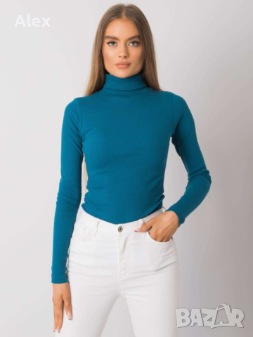 Дамска блуза с поло яка - Тюркоаз L/XL, снимка 2 - Блузи с дълъг ръкав и пуловери - 44925996
