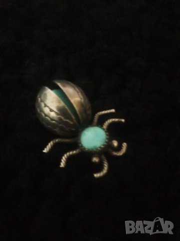  Стара сребърна брошка бръмбар с тюркоаз масивна уникат, снимка 2 - Колиета, медальони, синджири - 33954703