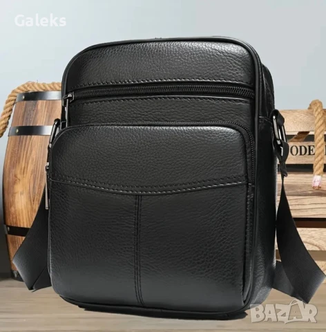 Ежедневно/Елегантна, Стилна и удобна мъжка чанта • Черна естествена кожа!