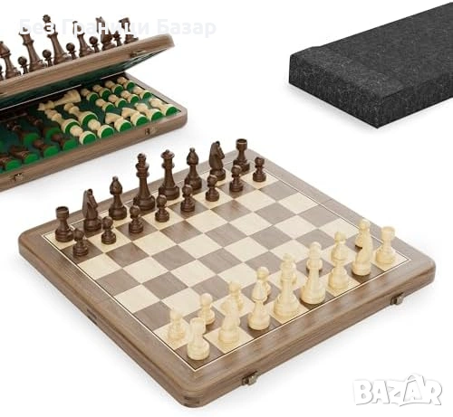 Нов Луксозен дървен шах 15” черен орех с магнитни фигури, дъска Настолна игра Подарък възрастни