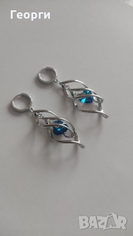 Сребърни обеци, истинско сребро със синьо или прозрачно сърце., снимка 4 - Обеци - 35348517