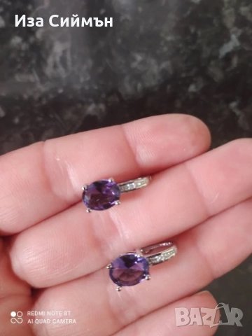Сребърни обици с аметист и кристали, снимка 2 - Обеци - 34254040