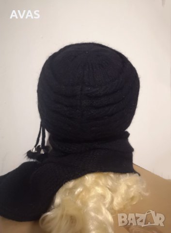 Нов комплект черна шапка с шал Вълна и ангора, снимка 3 - Шапки - 31046204