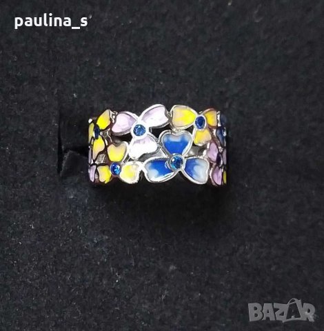 Пръстен с ръчно рисуван емайл и кристали - s925 за кутрето, снимка 2 - Пръстени - 29516190