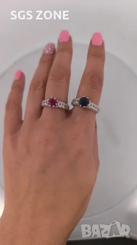 Сребърен Пръстен с Рубин или Сапфир, Заобиколен от Прозрачни Топази, снимка 2 - Пръстени - 50300380