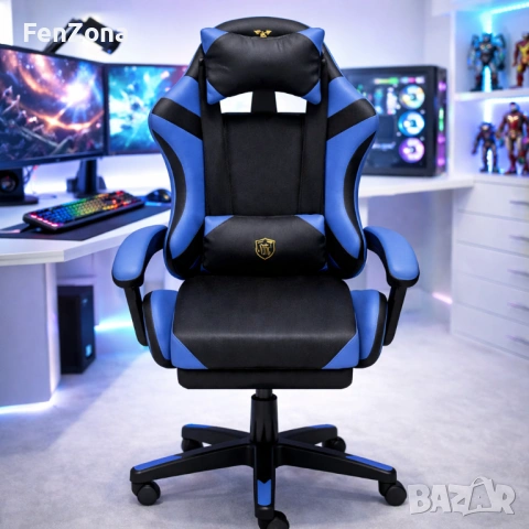 Ергономичен геймърски стол с масажна функция и поставка за крака – черно-син, снимка 6 - Столове - 54096629