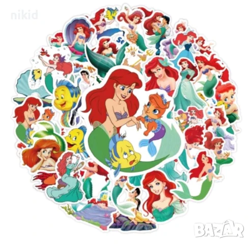 50 бр Малката Русалка Ариел самозалепващи лепенки стикери за украса картонена торта, снимка 6 - Други - 45778692