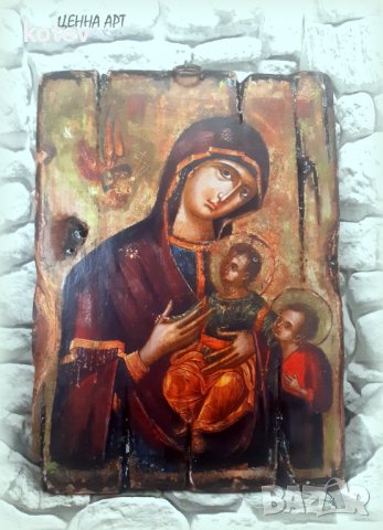 ПРОДАДЕНА!икона Богородица с децата Исус и Йоан Предтеча 30/21 см УНИКАТ, декупаж, снимка 2 - Икони - 33070636