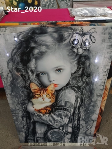 Светеща картина с LED осветление - момиченце с котенце 