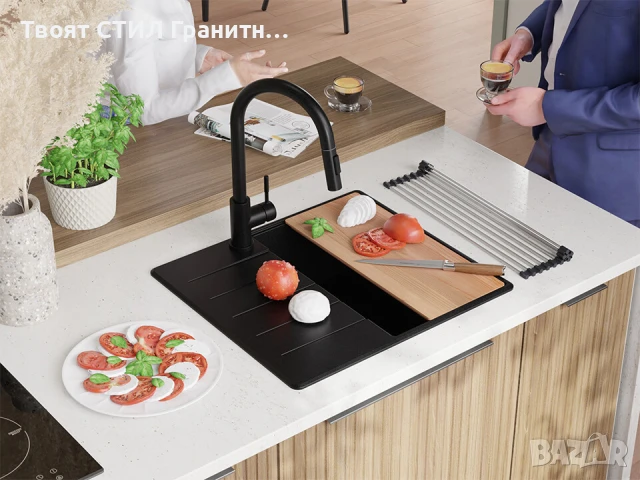 Черна кухненска гранитна мивка Копенхаген 40 Top 550 x 500 мм, снимка 3 - Мивки - 51015684