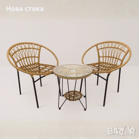 Градински комплект – маса с 2 стола, PVC ратан с черна метална рамка