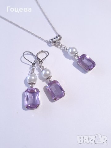 Красив комплект бижута обици и колие с лавандулово лилави кристали и кристални перли , снимка 5 - Бижутерийни комплекти - 42768208
