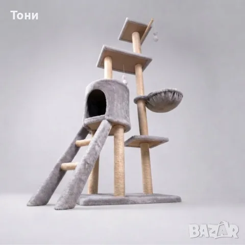 Котешка драскалка с къщичка, легло и платформи, 138 см, светлосива, снимка 2 - За котки - 56109326