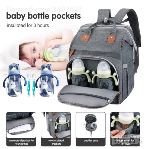 Раница за бебешки принадлежности, сива, снимка 4 - Кенгура и ранички - 52395357