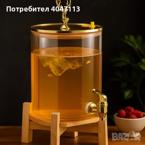Голям диспенсър за напитки 8L с дървена стойка и златист кран, снимка 4 - Декорация за дома - 51863432