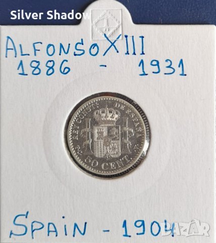 Монета Испания - 50 Сент. 1904 г. Крал Алфонсо XIII - Сребро, снимка 1 - Нумизматика и бонистика - 31665208