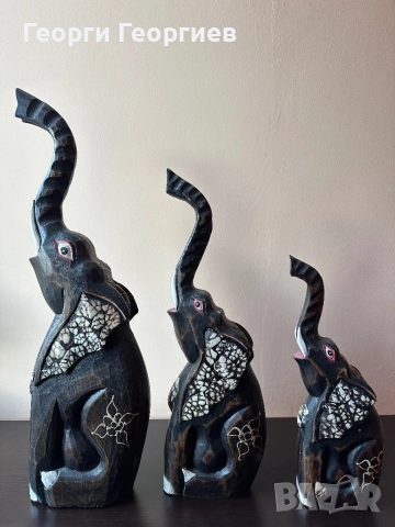 Страхотно трио дървени слонове, снимка 2 - Статуетки - 52404736