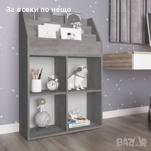 Етажерка за детски книжки, бетонно сива, 71x30x114 см, ПДЧ, снимка 4 - Етажерки - 48554123