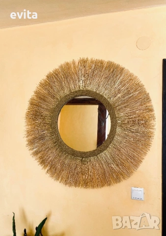 🌿Дизайнерско огледало от рафия – ръчно изработен бохо акцент за уютен и модерен дом, снимка 2 - Огледала - 53881746
