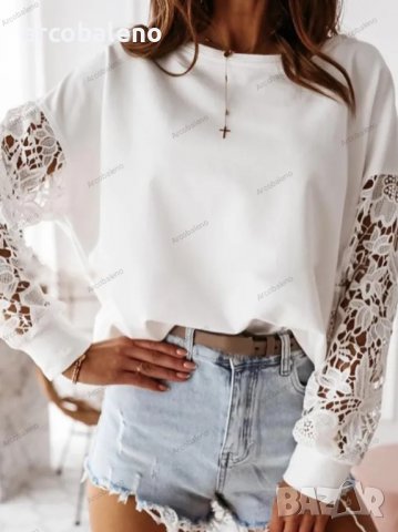 Дамска модна блуза с кръгло деколте и детайлни дантелени ръкави на цветя - 023