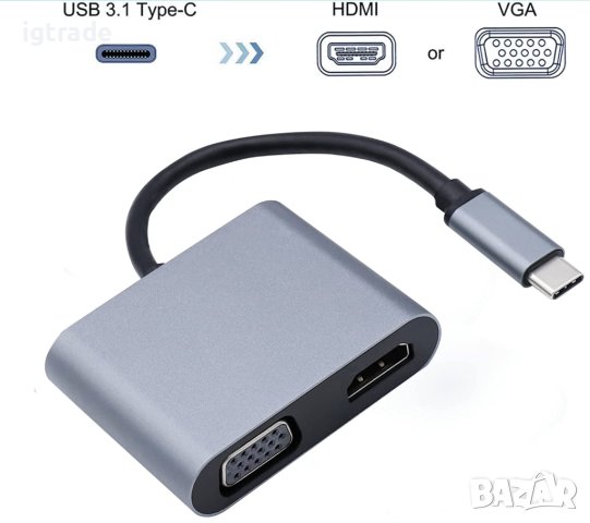 USB C към HDMI VGA адаптер - сплитер - 1 към 2 -  4k HDMI / 1080p VGA, снимка 3 - Чанти, стативи, аксесоари - 40375080