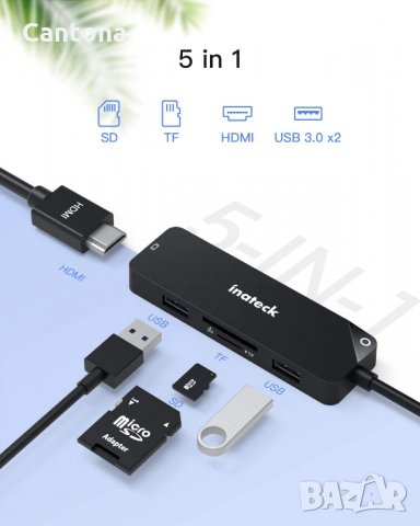 Inateck USB C Hub 5 в 1, USB 3.1 Gen1, 4K HDMI, 2хUSB  3.0.четец на SD/TF карти, снимка 2 - Други - 34874636