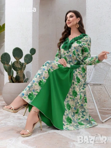 Прекрасна Дълга Памучна Рокля с Луксозна Бродерия в Тревисто Зелен Цвят, снимка 2 - Рокли - 51062191