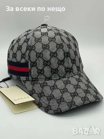 Gucci Сива Луксозна Шапка С Козирка GG Монограм И Червено-Синя Лента Код SBF68