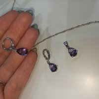Дамски комплект синджирче, висулка и обеци с лилав кристал, нови, щампа 925, снимка 7 - Бижутерийни комплекти - 36939261