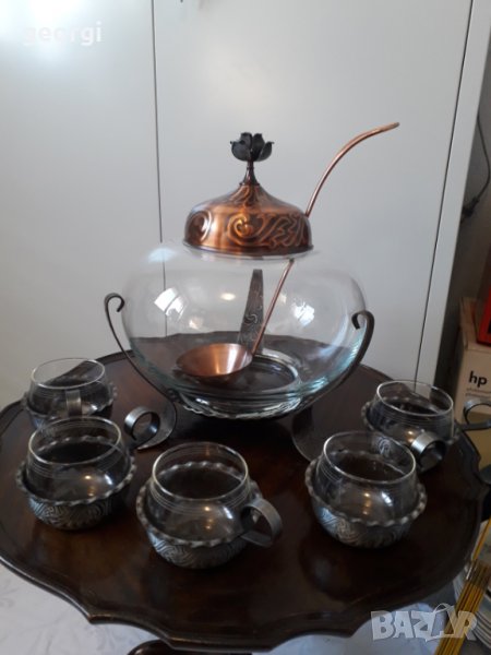 Немска купа за пунш с метален обков и шест чаши, снимка 1